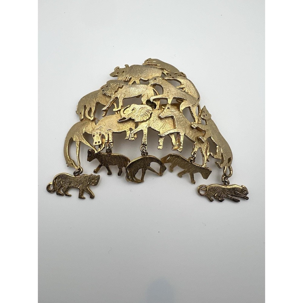 Ultra Craft Vintage Gold Safari Animal Dangle Brooch 3" Maximalist 90s‎